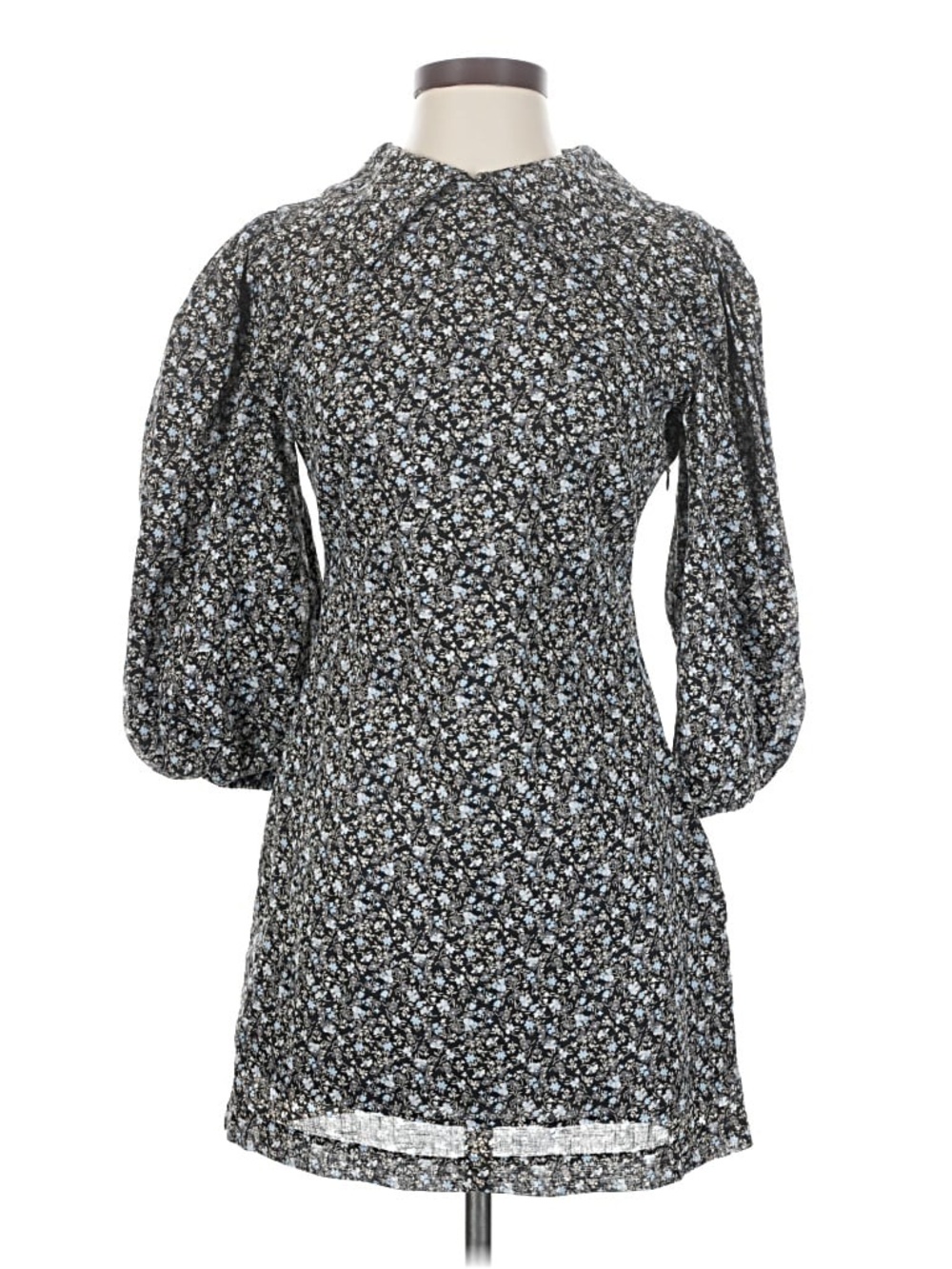 Free People Black & Light Blue Floral Puff-Sleeve Mini Dress